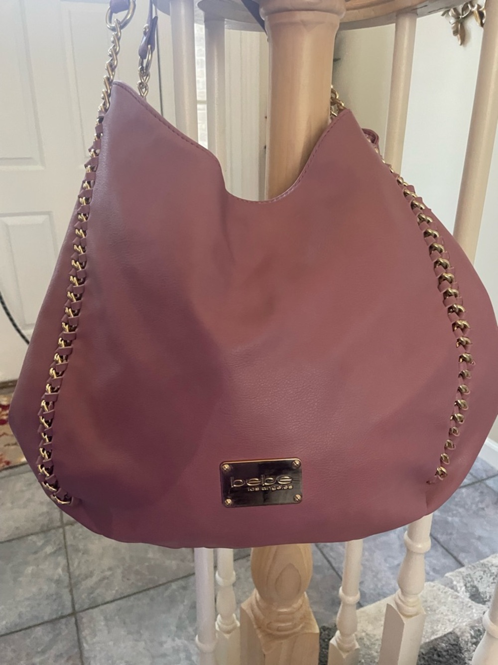 bebe Dusty Mauve Hobo Bag with Gold Chain Trim